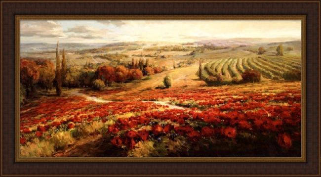 Framed Roberto Lombardi red poppy panorama painting