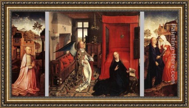 Framed Rogier van der Weyden annunciation triptych painting