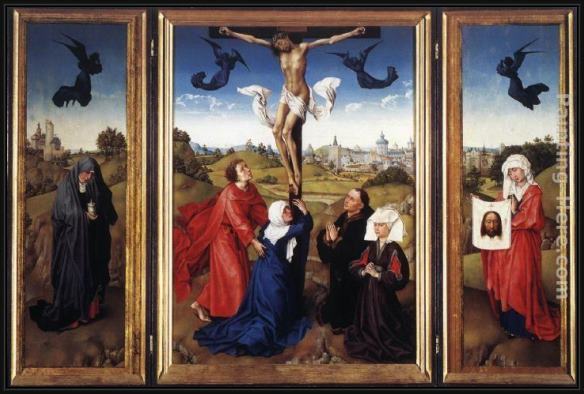 Framed Rogier van der Weyden crucifixion triptych painting