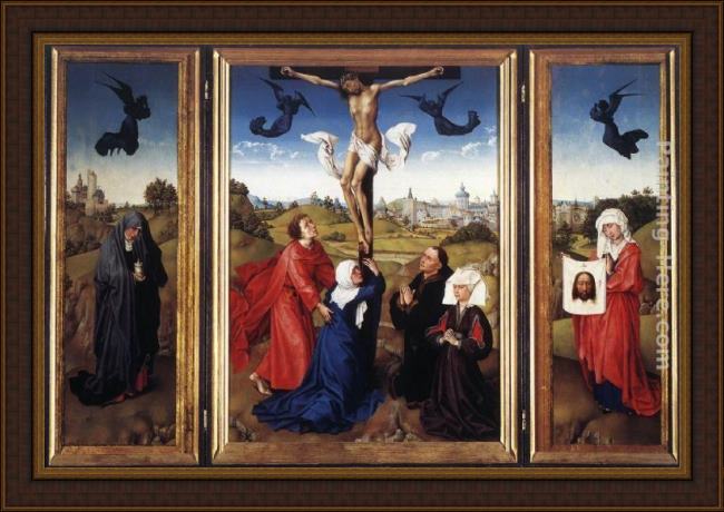 Framed Rogier van der Weyden crucifixion triptych painting