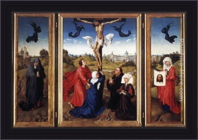 Framed Rogier van der Weyden crucifixion triptych painting