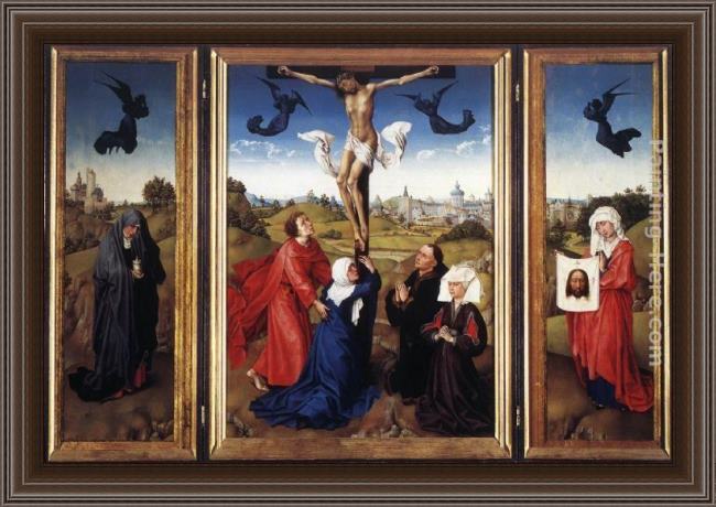 Framed Rogier van der Weyden crucifixion triptych painting