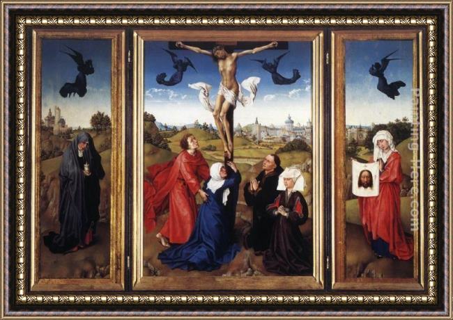 Framed Rogier van der Weyden crucifixion triptych painting