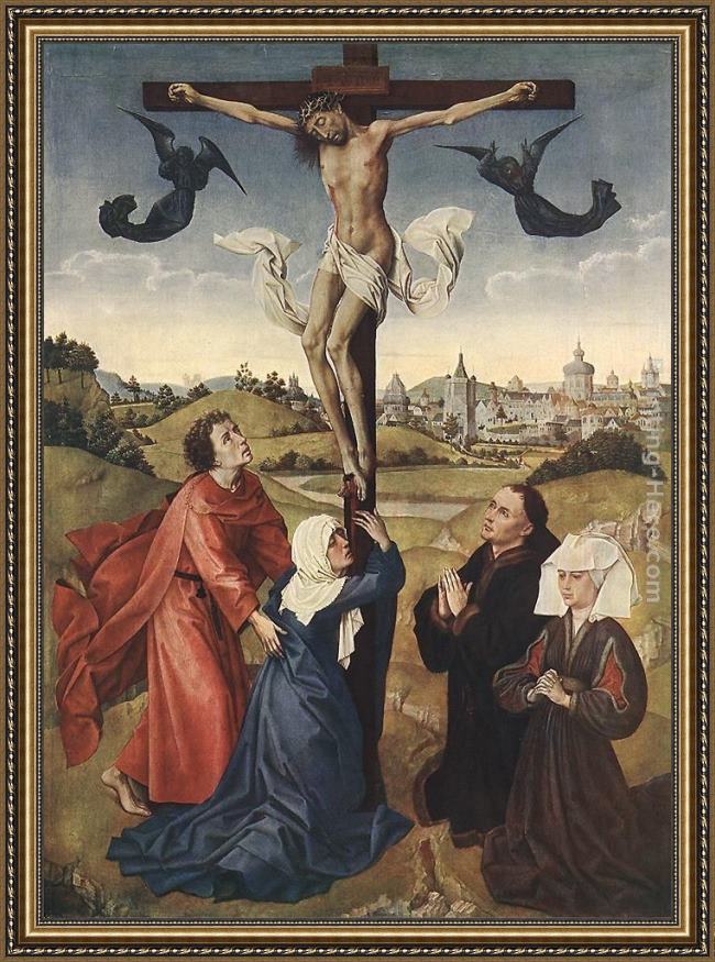 Framed Rogier van der Weyden crucifixion triptych central panel painting