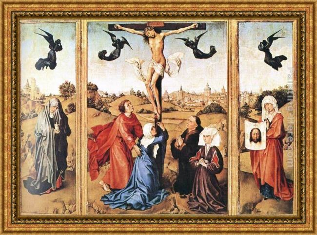 Framed Rogier van der Weyden triptych of holy cross painting