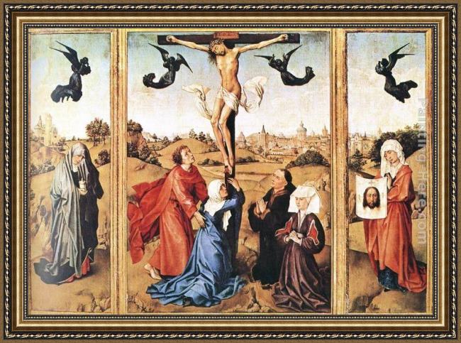 Framed Rogier van der Weyden triptych of holy cross painting