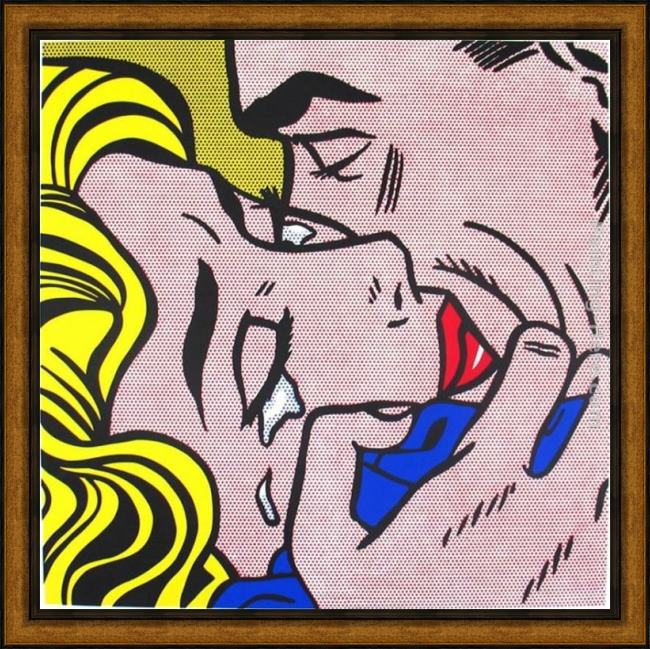 Framed Roy Lichtenstein the kiss v painting