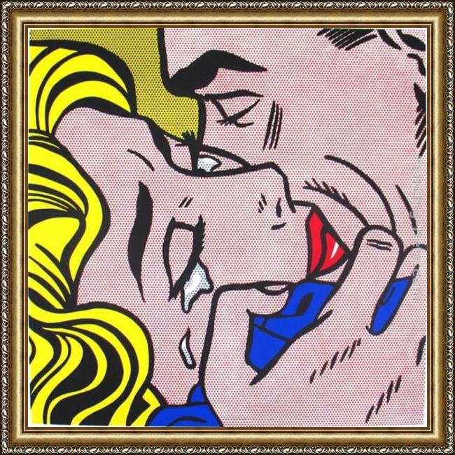 Framed Roy Lichtenstein the kiss v painting