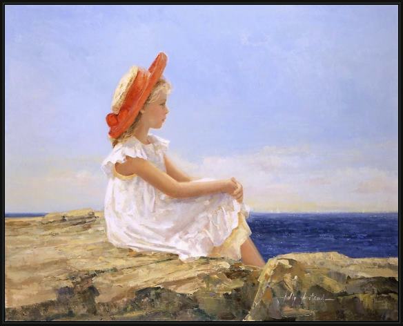Framed Sally Swatland looking out to sea painting