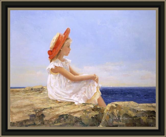 Framed Sally Swatland looking out to sea painting