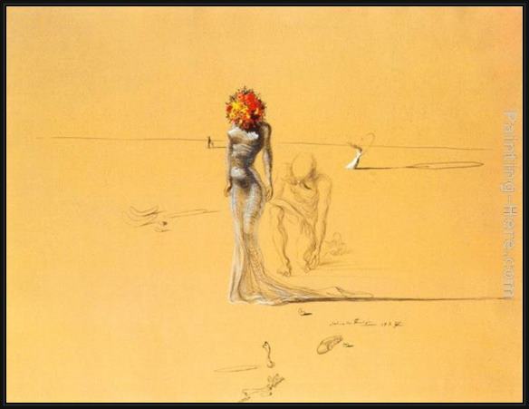 Framed Salvador Dali female figure with head of flowers painting