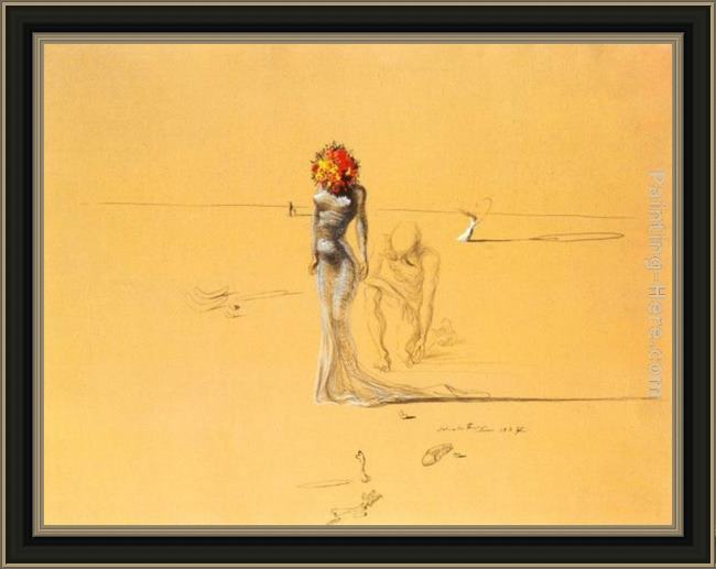 Framed Salvador Dali female figure with head of flowers painting