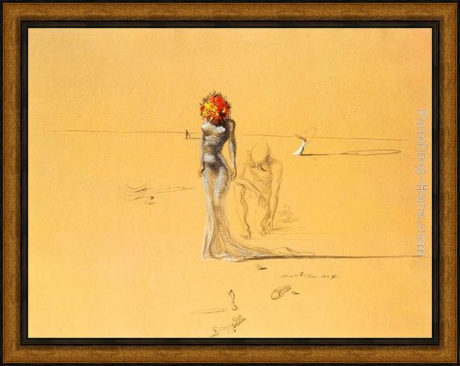 Framed Salvador Dali female figure with head of flowers painting