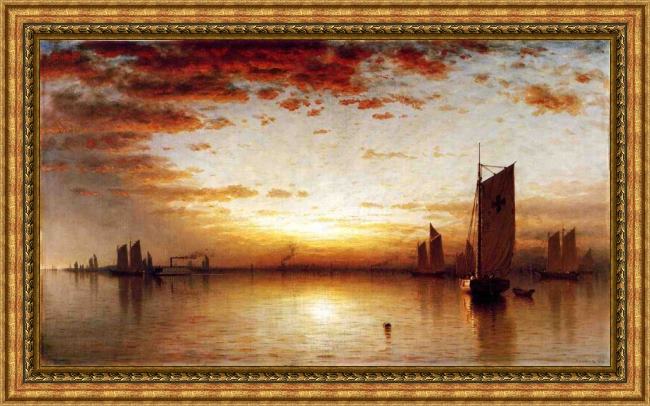 Framed Sanford Robinson Gifford a sunset, bay of new york painting