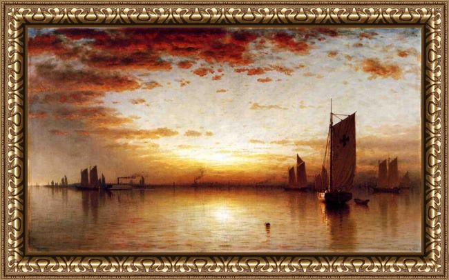 Framed Sanford Robinson Gifford a sunset, bay of new york painting