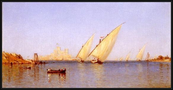 Framed Sanford Robinson Gifford fishing boats coming into brindisi harbor painting