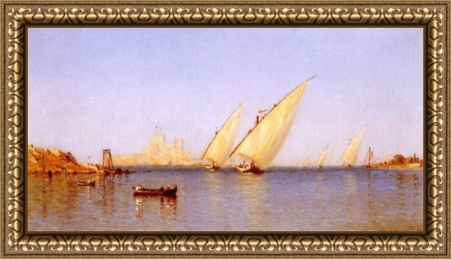 Framed Sanford Robinson Gifford fishing boats coming into brindisi harbor painting