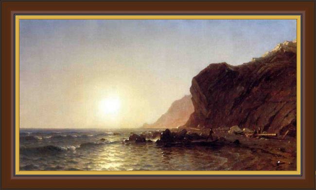 Framed Sanford Robinson Gifford sunset on the shore of no man's land - bass fishing painting