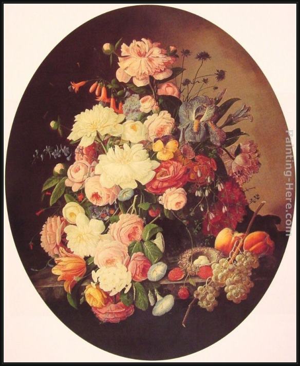 Framed Severin Roesen still life with flowers oval painting