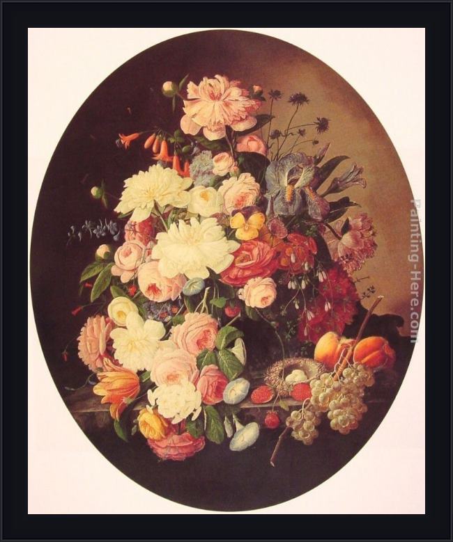 Framed Severin Roesen still life with flowers oval painting