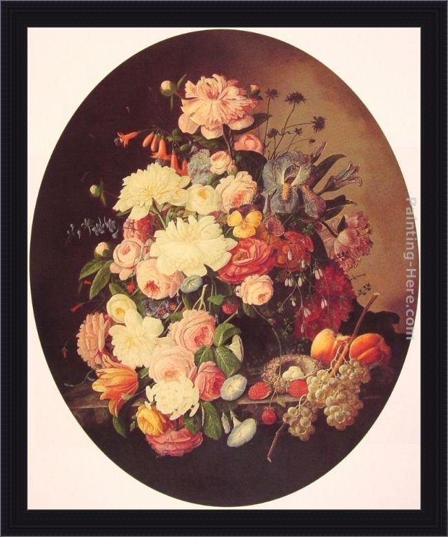 Framed Severin Roesen still life with flowers oval painting