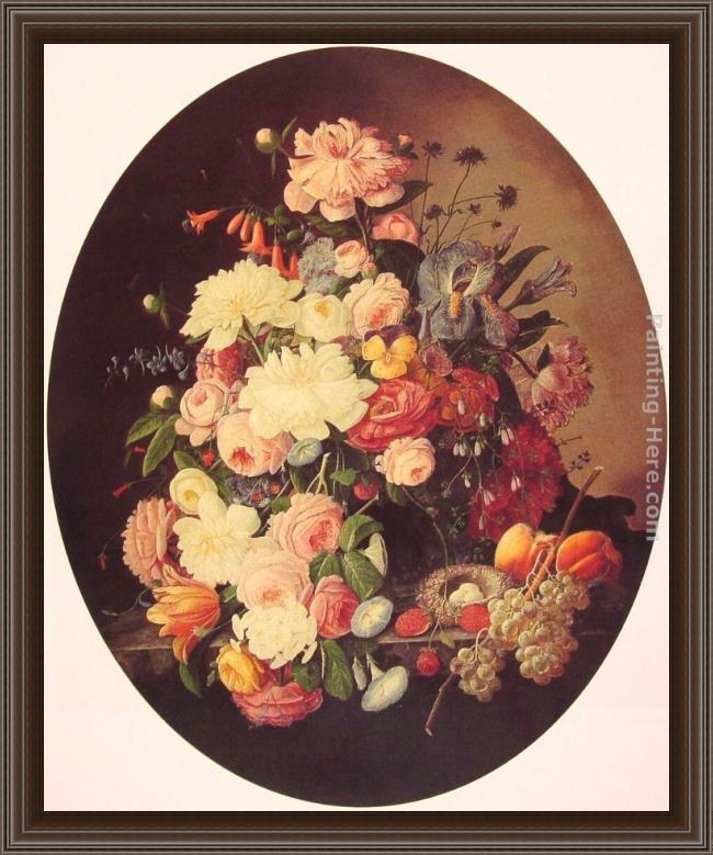 Framed Severin Roesen still life with flowers oval painting