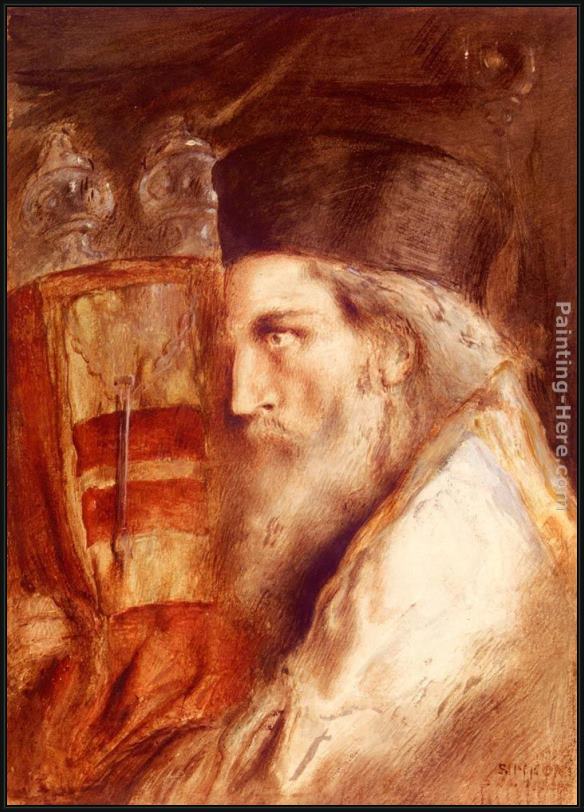 Framed Simeon Solomon a rabbi holding the torah painting