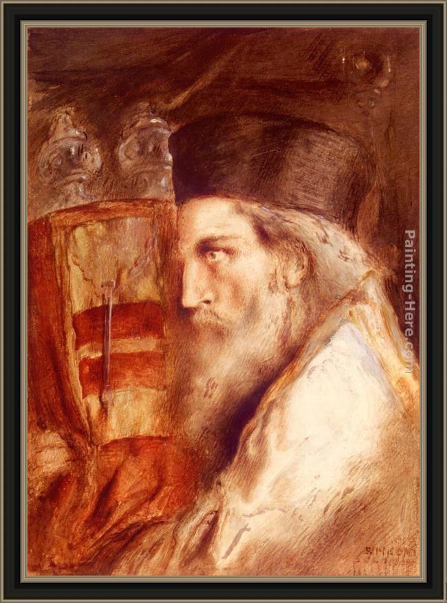 Framed Simeon Solomon a rabbi holding the torah painting