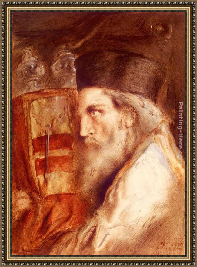 Framed Simeon Solomon a rabbi holding the torah painting