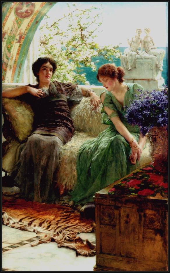 Framed Sir Lawrence Alma-Tadema unwelcome confidences painting