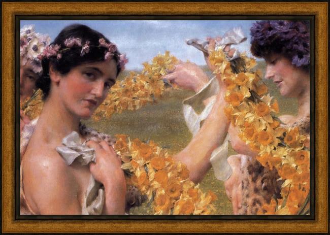 Framed Sir Lawrence Alma-Tadema when flowers return painting