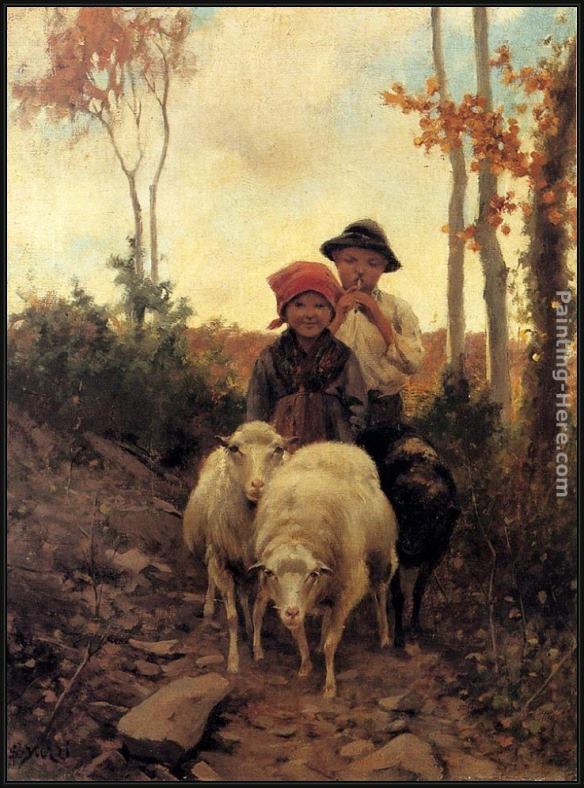 Framed Stefano Bruzzi children with sheep on a path painting