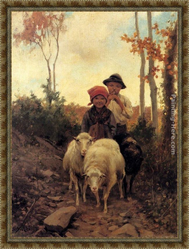 Framed Stefano Bruzzi children with sheep on a path painting