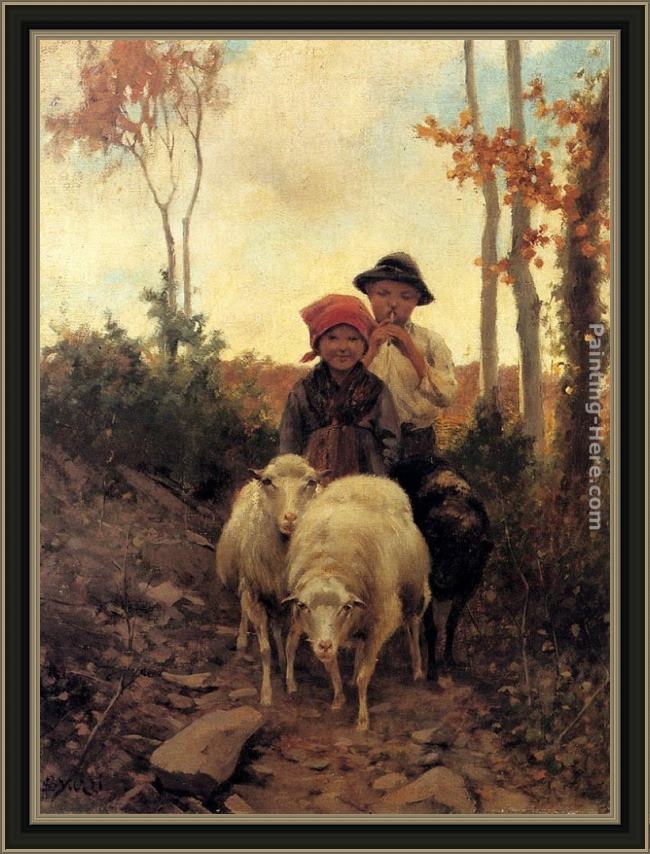 Framed Stefano Bruzzi children with sheep on a path painting