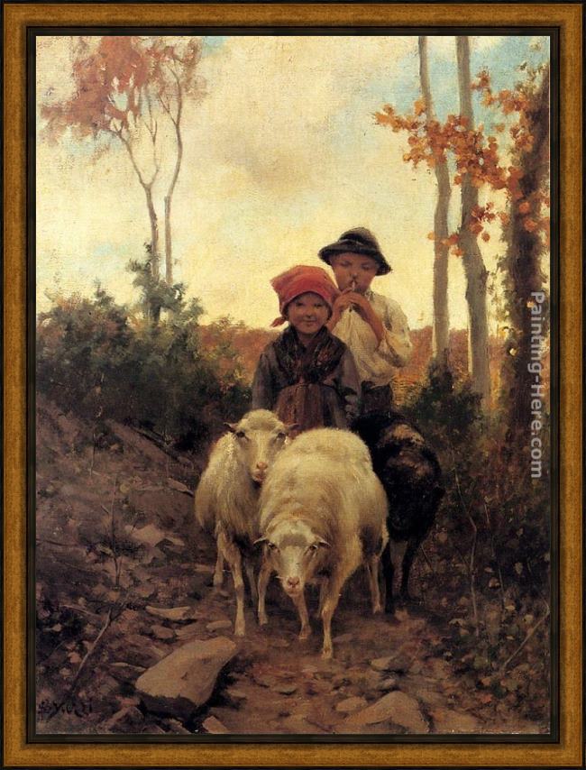 Framed Stefano Bruzzi children with sheep on a path painting