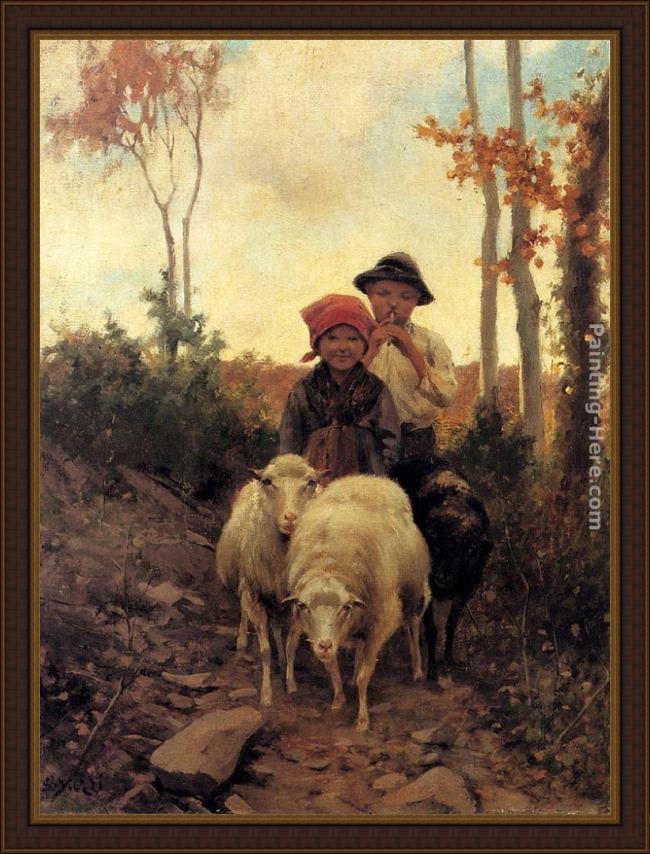 Framed Stefano Bruzzi children with sheep on a path painting