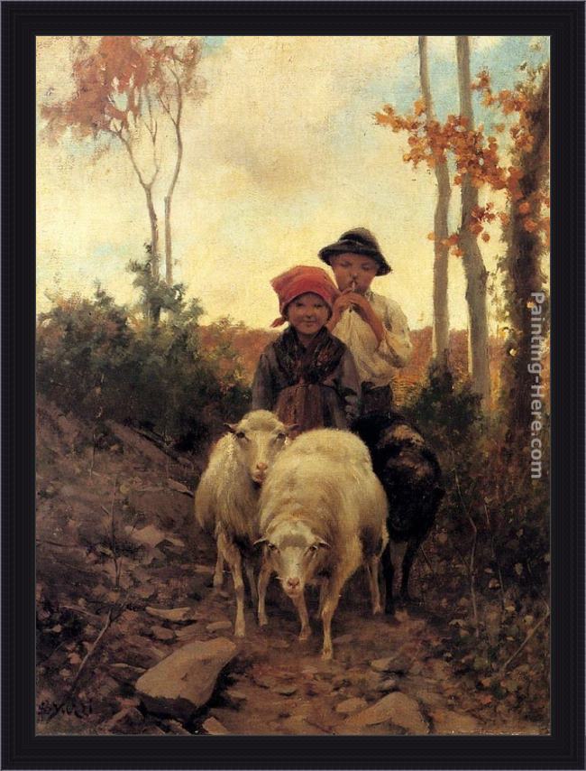 Framed Stefano Bruzzi children with sheep on a path painting