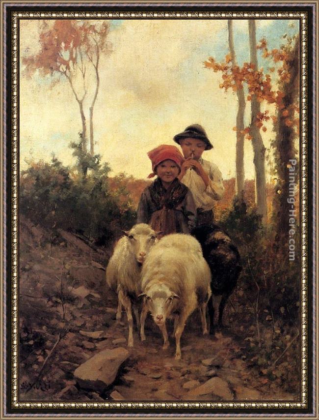 Framed Stefano Bruzzi children with sheep on a path painting