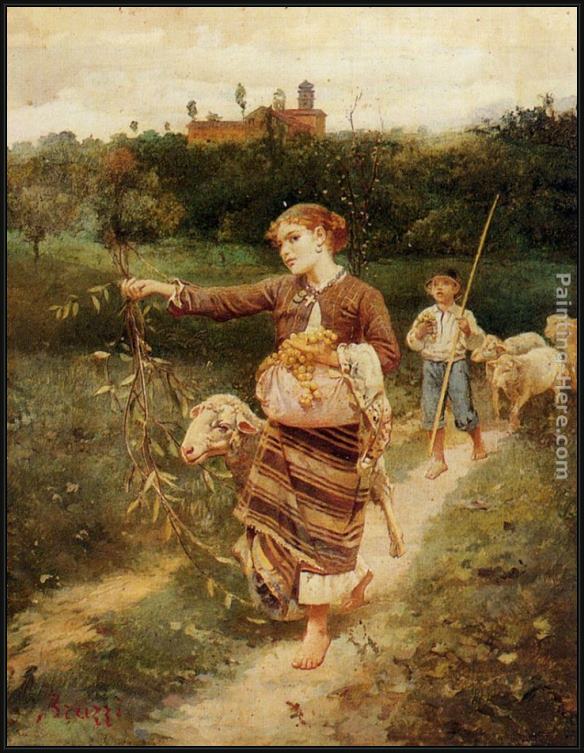 Framed Stefano Bruzzi the grape pickers painting