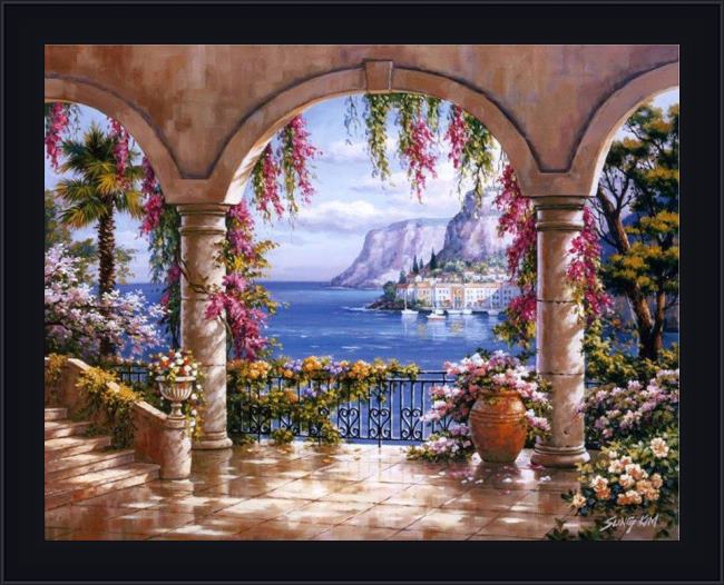 Framed Sung Kim floral patio i painting