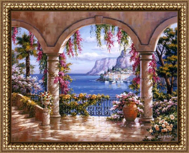 Framed Sung Kim floral patio i painting