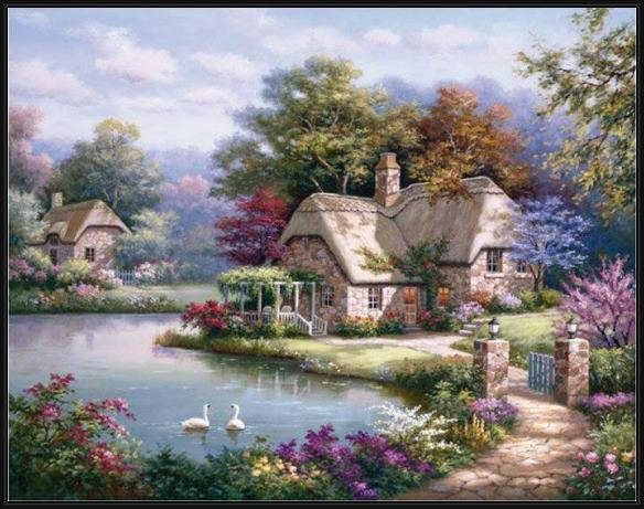 Framed Sung Kim swan cottage i painting
