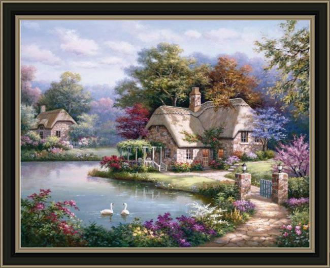 Framed Sung Kim swan cottage i painting