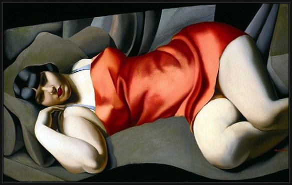 Framed Tamara de Lempicka woman in red painting