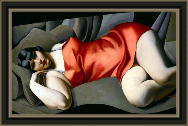 Framed Tamara de Lempicka woman in red painting