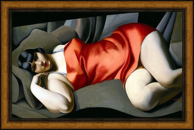 Framed Tamara de Lempicka woman in red painting