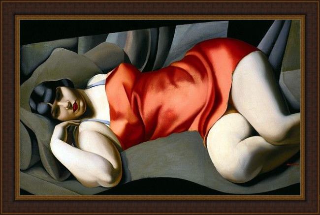 Framed Tamara de Lempicka woman in red painting