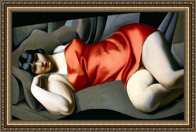 Framed Tamara de Lempicka woman in red painting