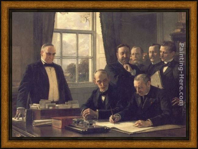 Framed Theobald Chartran the signing of the protocol of peace between the united states and spain on august 12, 1898 painting