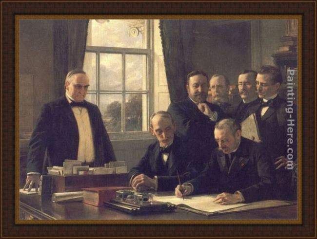 Framed Theobald Chartran the signing of the protocol of peace between the united states and spain on august 12, 1898 painting